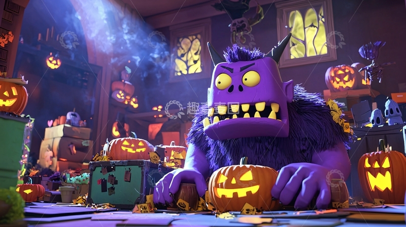 高清大图下载【趣麦麦图】万圣节主题房间里的紫色怪物