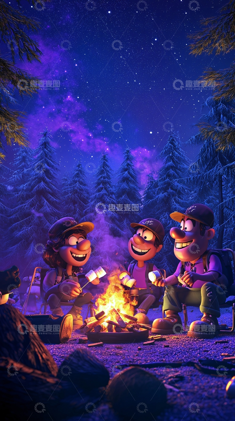高清大图下载【趣麦麦图】森林露营篝火晚会