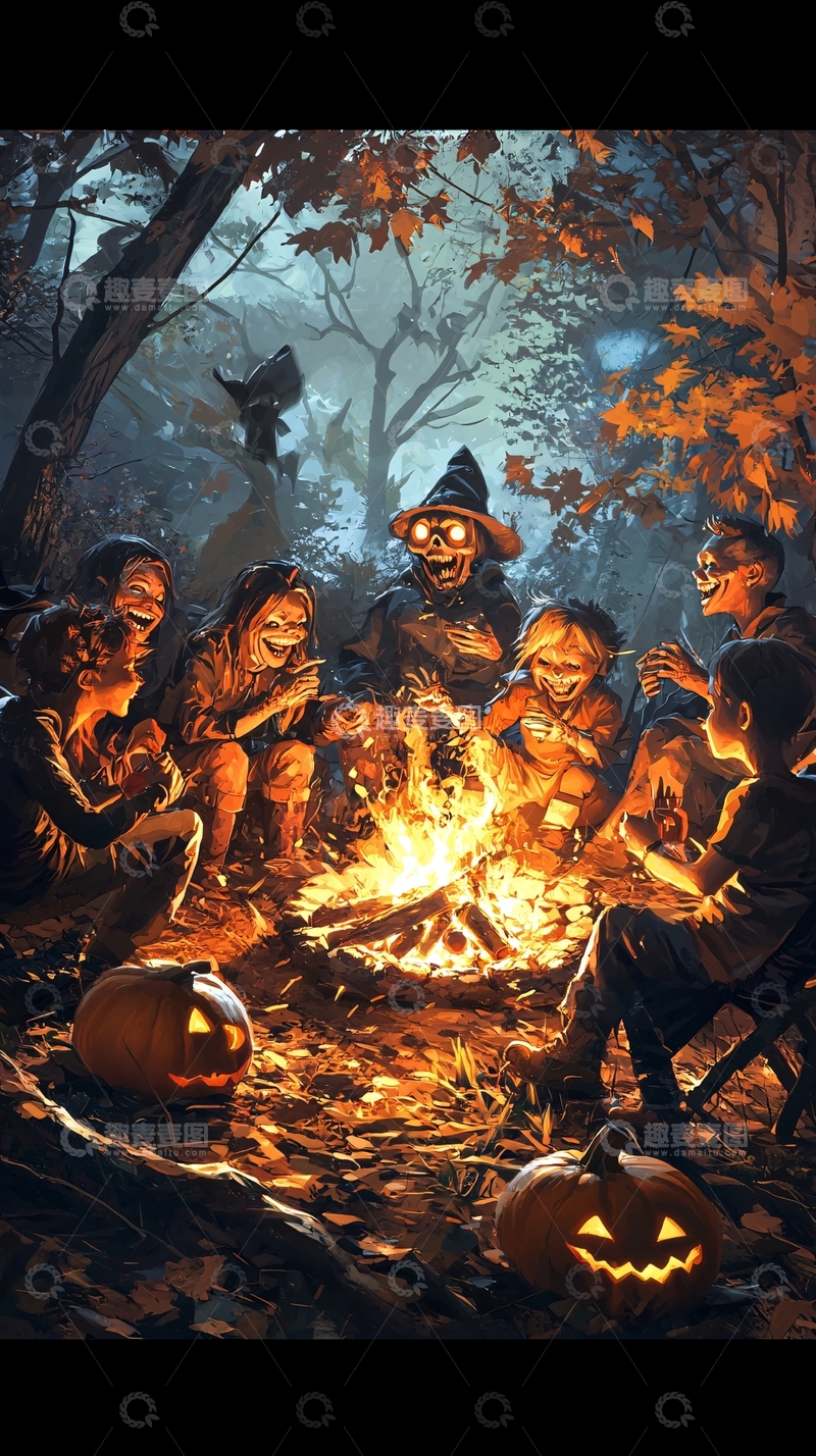 高清大图下载【趣麦麦图】万圣节森林篝火聚会