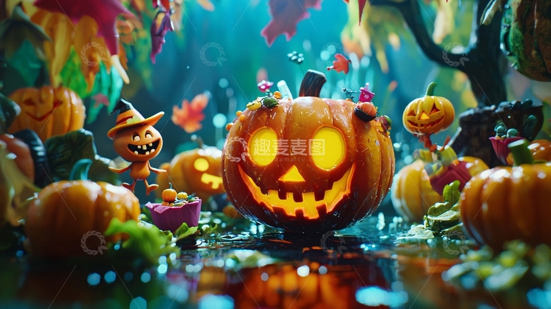 高清大图下载【趣麦麦图】万圣节南瓜灯与小精灵