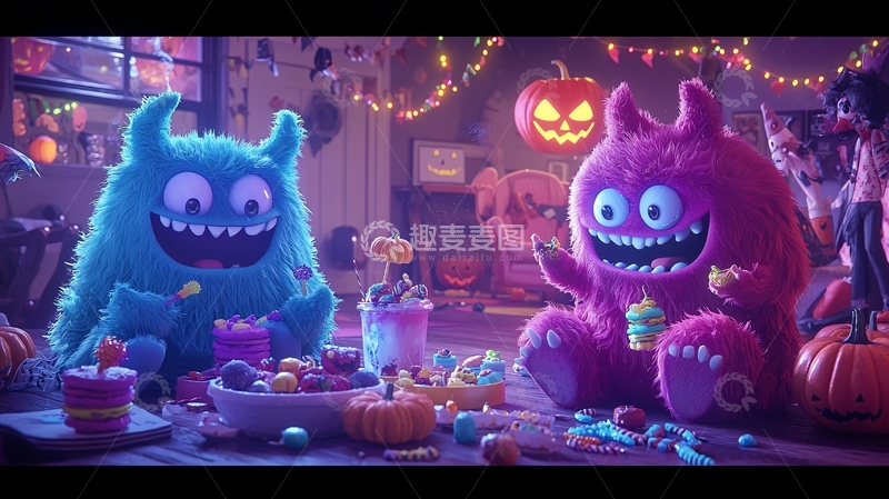 高清大图下载【趣麦麦图】万圣节派对上的毛茸茸怪物