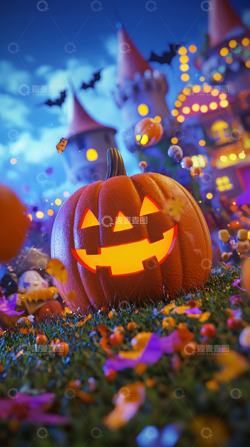 高清大图下载【趣麦麦图】万圣节南瓜灯与城堡夜景
