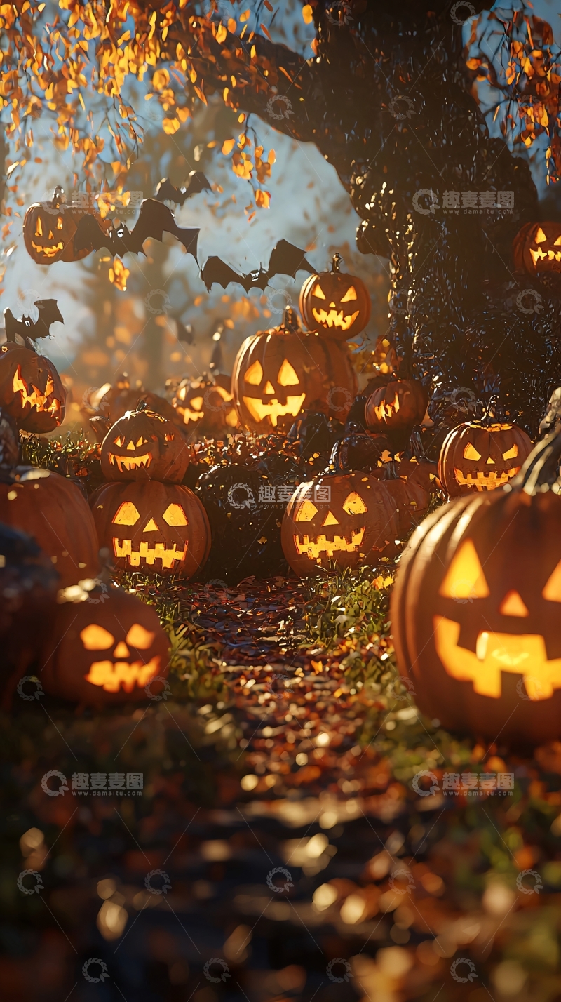 高清大图下载【趣麦麦图】万圣节南瓜灯与蝙蝠夜景