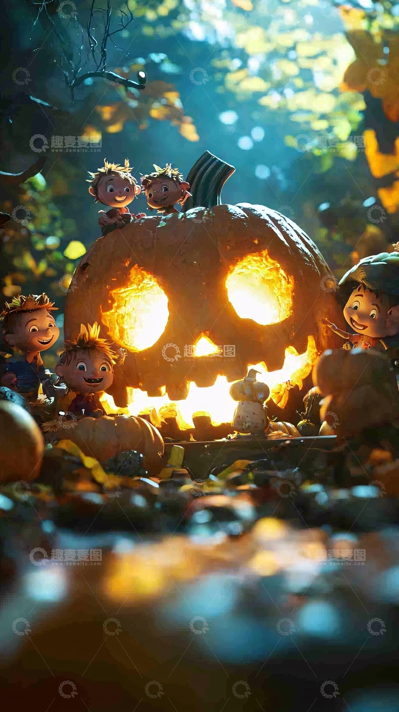 高清大图下载【趣麦麦图】万圣节南瓜灯与孩子们