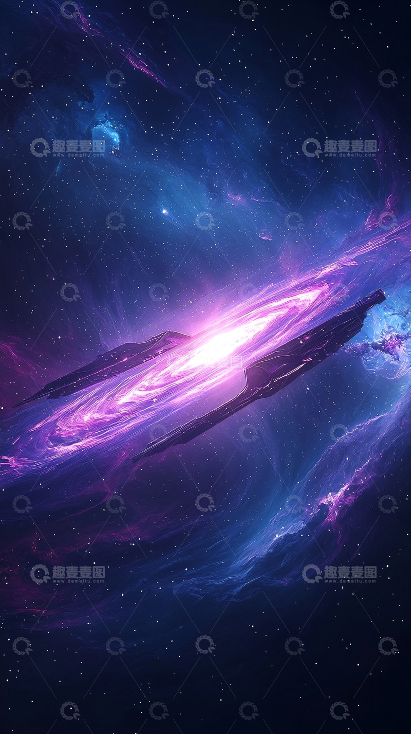 高清大图下载【趣麦麦图】紫色星云中的神秘飞船