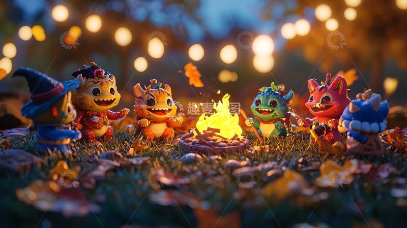 高清大图下载【趣麦麦图】卡通小怪兽围着篝火玩耍
