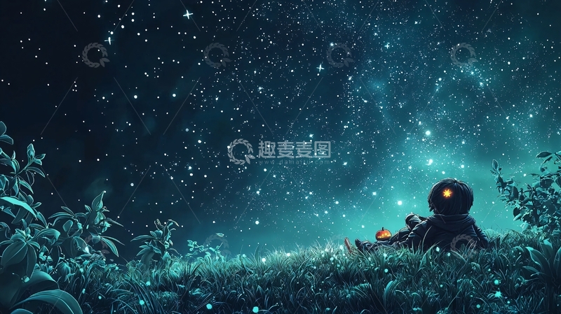 高清大图下载【趣麦麦图】夜空下的星河与南瓜灯