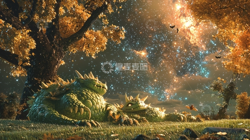 高清大图下载【趣麦麦图】秋夜森林中的龙
