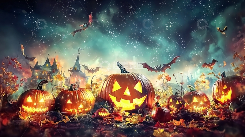高清大图下载【趣麦麦图】万圣节南瓜与蝙蝠夜景