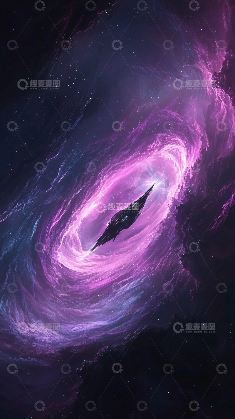 高清大图下载【趣麦麦图】紫色漩涡中的宇宙飞船