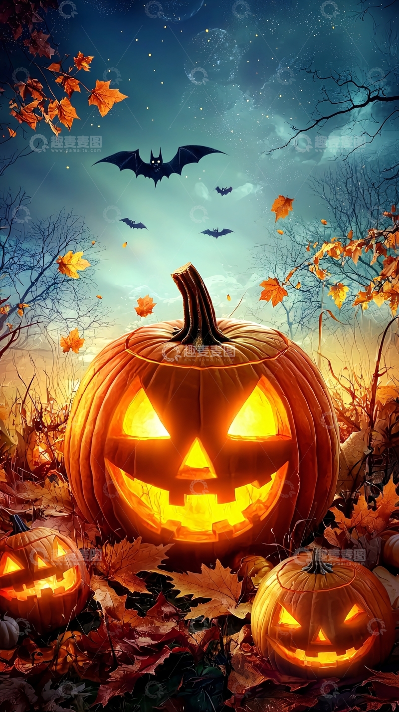 高清大图下载【趣麦麦图】万圣节南瓜灯与飞蝙蝠