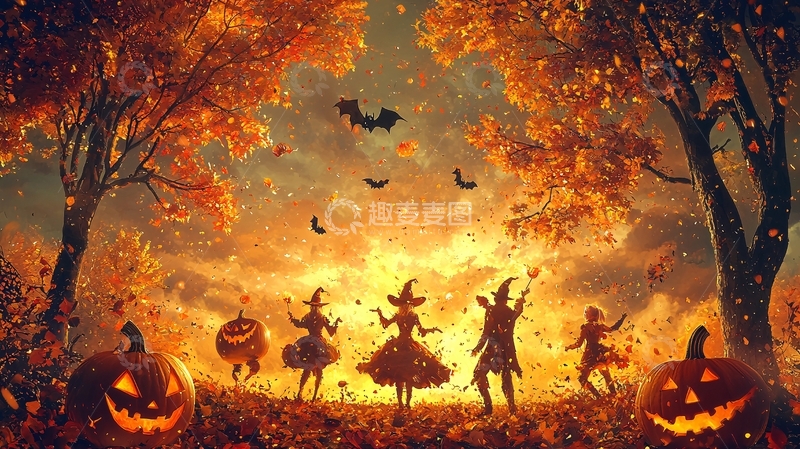 高清大图下载【趣麦麦图】万圣节夜景下的女巫和南瓜灯