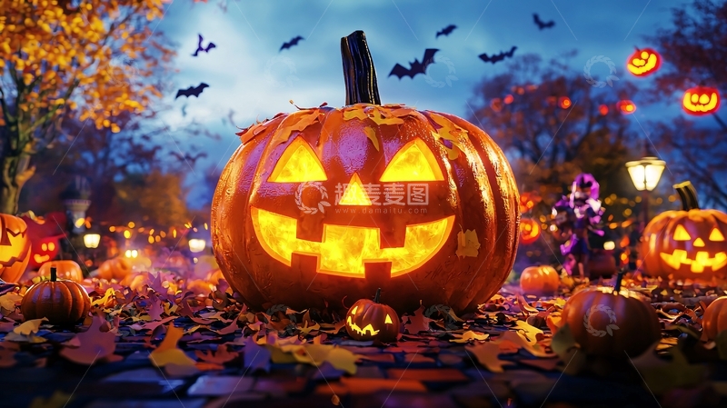 高清大图下载【趣麦麦图】万圣节南瓜灯与落叶夜景