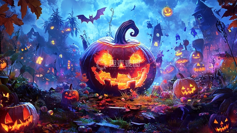 高清大图下载【趣麦麦图】万圣节南瓜灯与鬼屋夜景