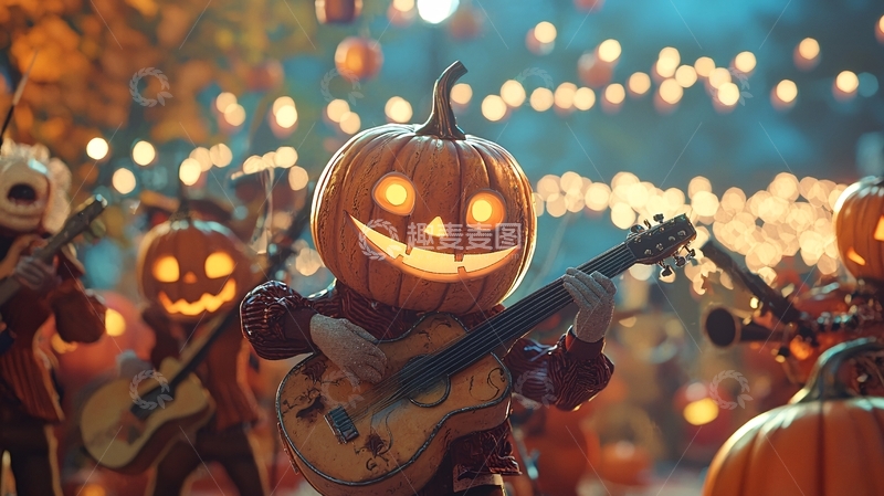 高清大图下载【趣麦麦图】万圣节南瓜乐队演奏场景