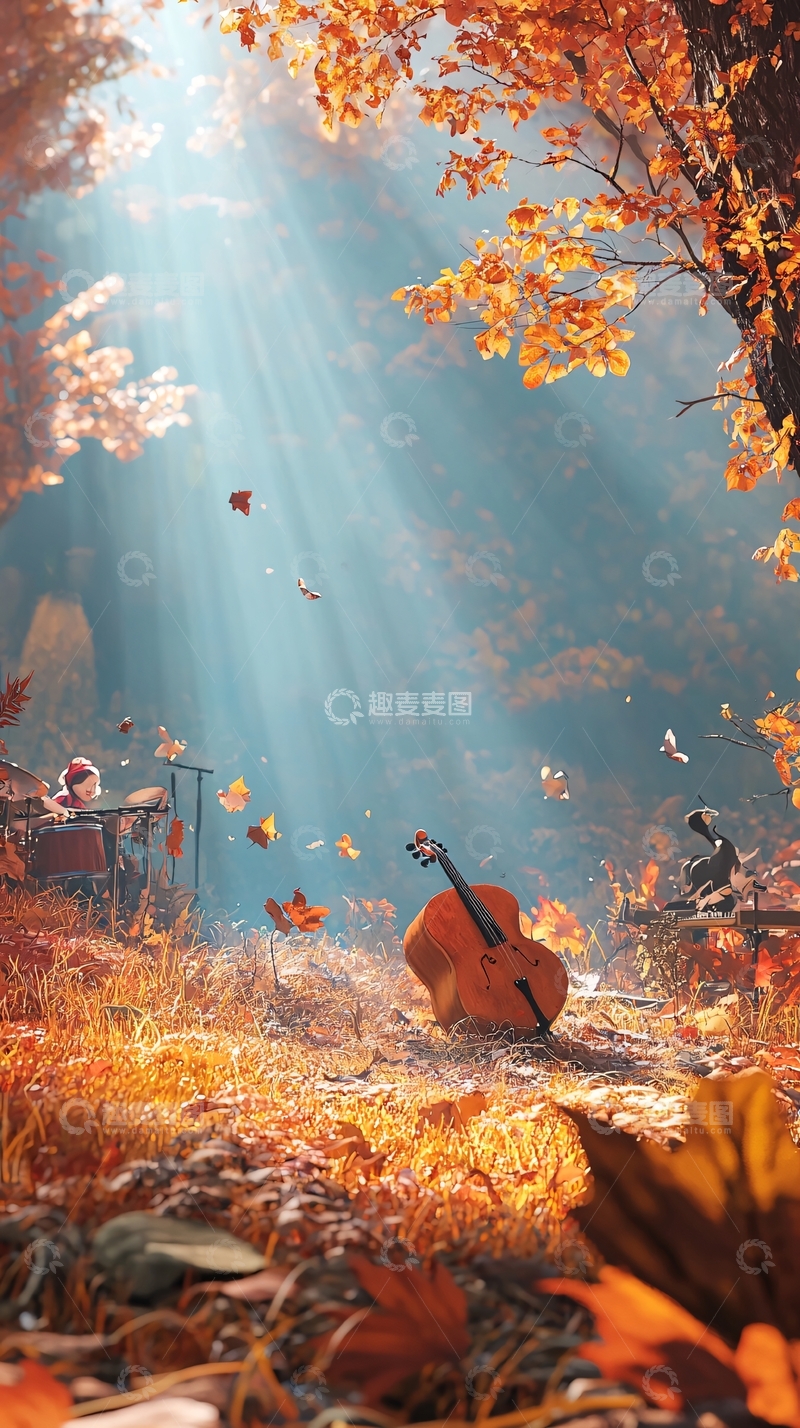高清大图下载【趣麦麦图】秋日森林中的音乐时光