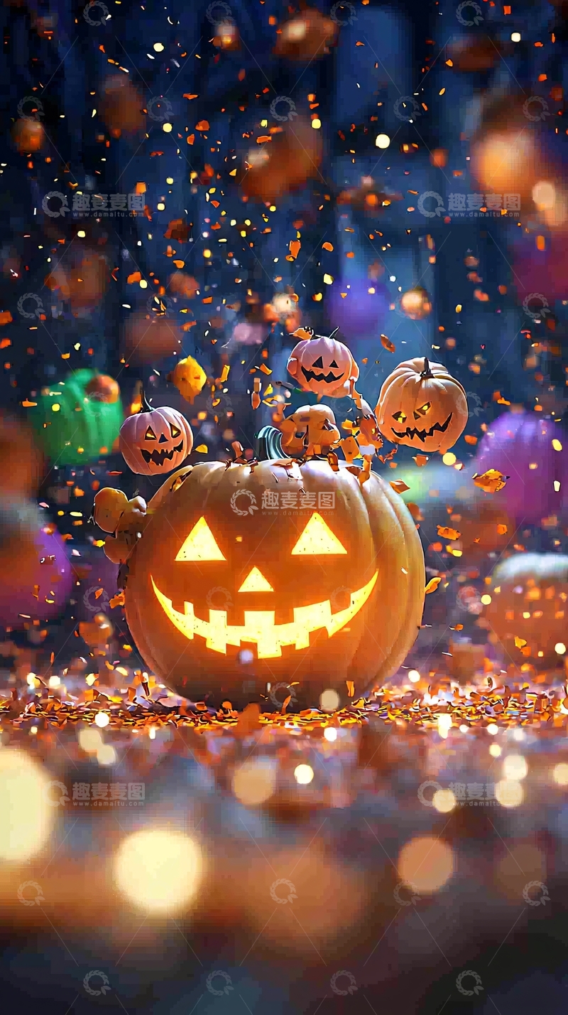 高清大图下载【趣麦麦图】万圣节南瓜灯与飞舞的落叶