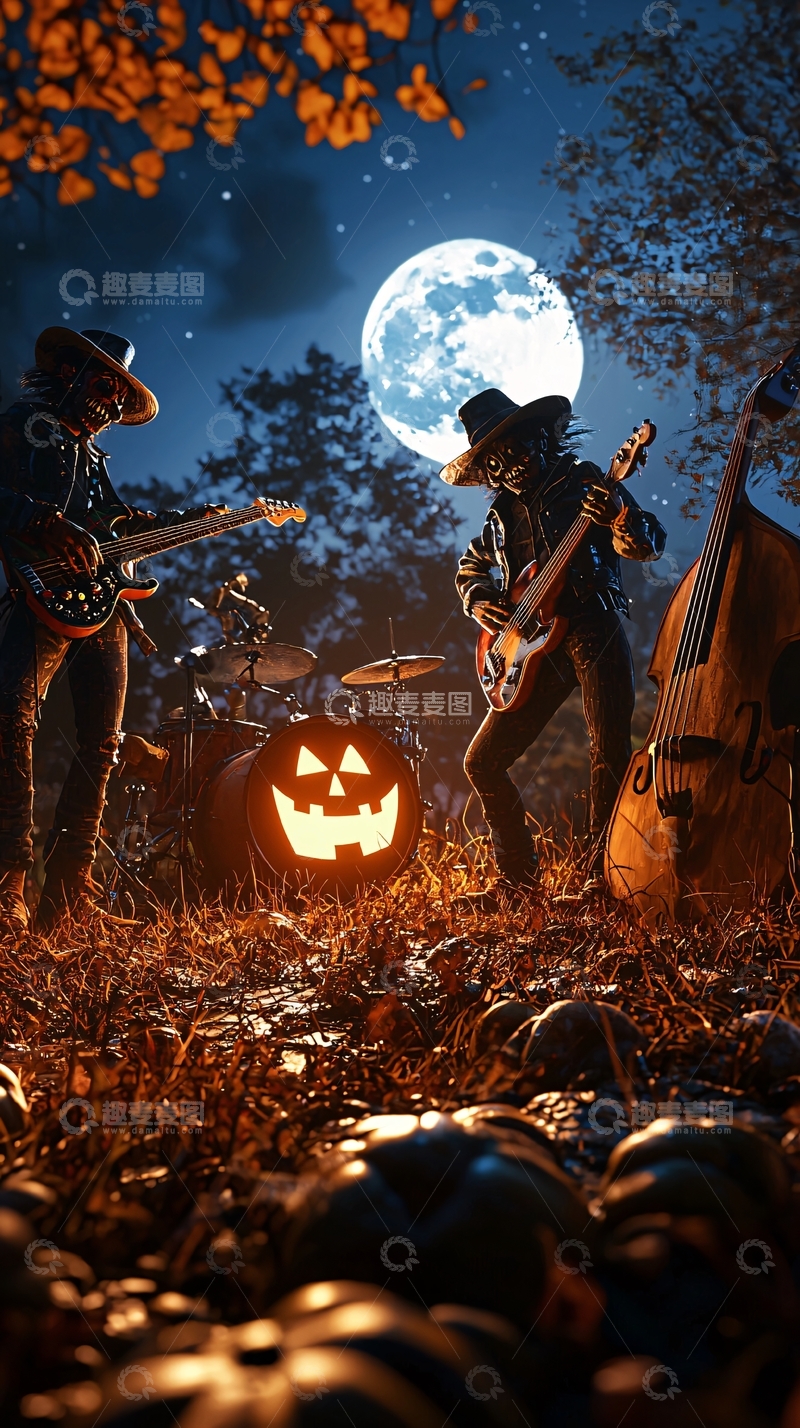 高清大图下载【趣麦麦图】万圣节夜晚乐队演奏场景