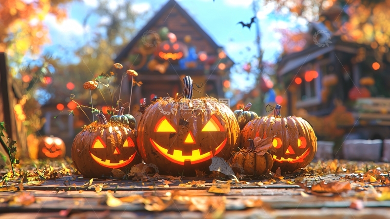 高清大图下载【趣麦麦图】万圣节南瓜灯与秋天树叶