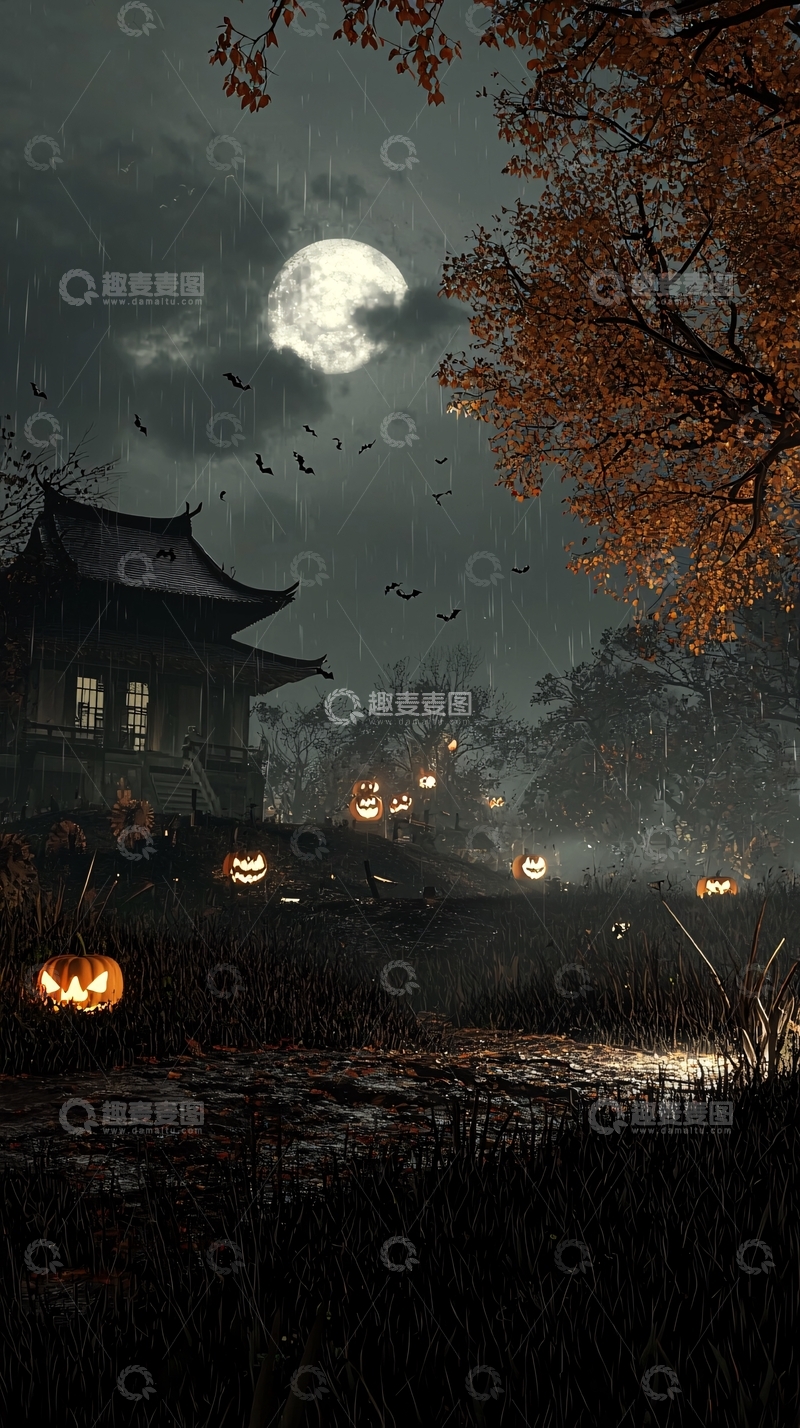高清大图下载【趣麦麦图】秋夜雨中南瓜灯