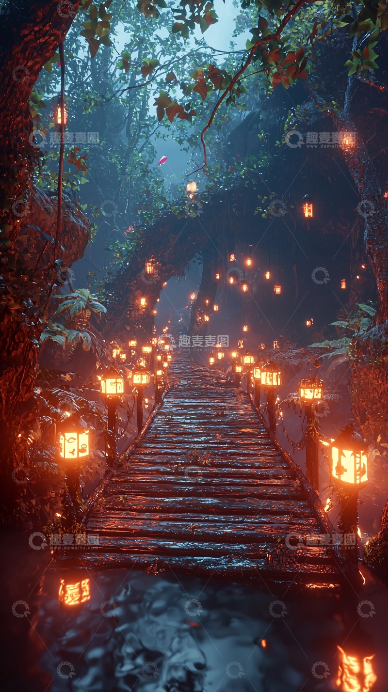 高清大图下载【趣麦麦图】幽暗森林中的石桥