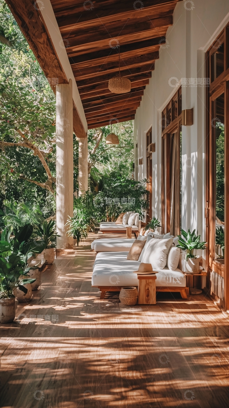 高清大图下载【趣麦麦图】热带风情木质露台沙发场景