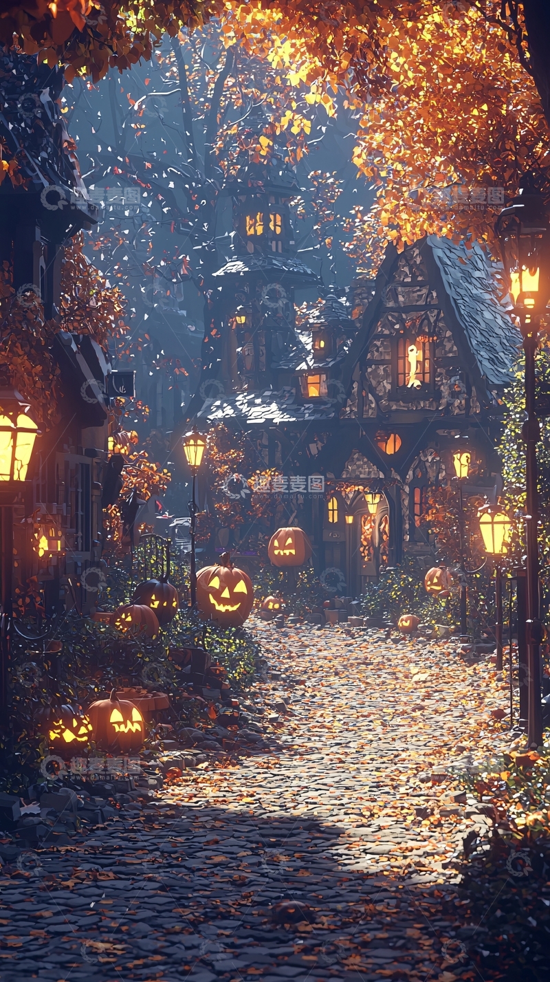 高清大图下载【趣麦麦图】秋夜南瓜灯古街