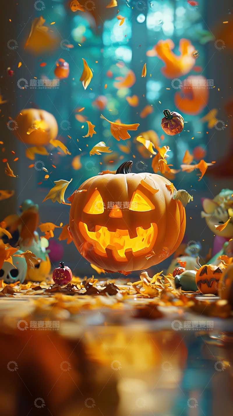 高清大图下载【趣麦麦图】万圣节南瓜灯与落叶