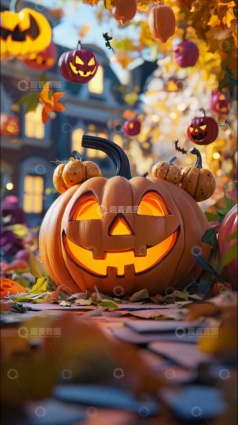 高清大图下载【趣麦麦图】万圣节南瓜灯与落叶
