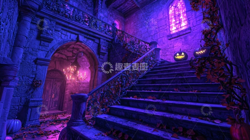 高清大图下载【趣麦麦图】万圣节古堡楼梯装饰场景