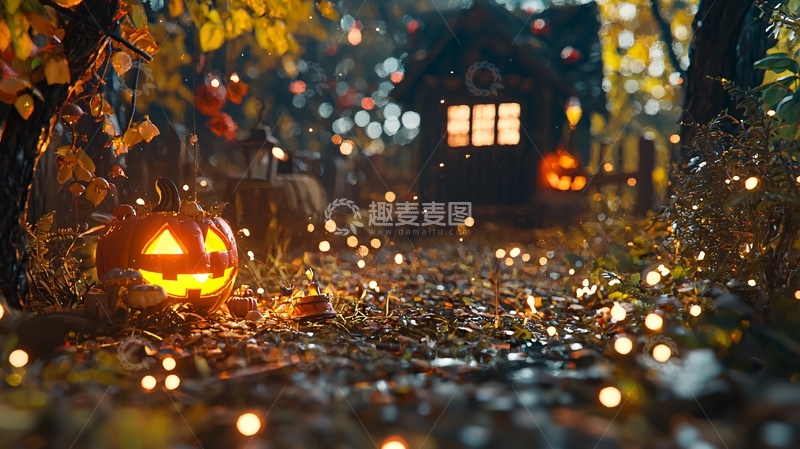 高清大图下载【趣麦麦图】万圣节南瓜灯与落叶夜景
