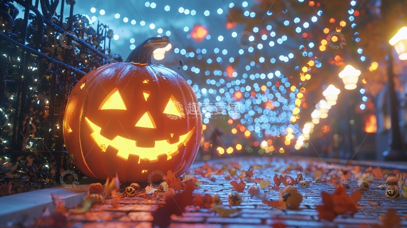 高清大图下载【趣麦麦图】万圣节南瓜灯与落叶夜景