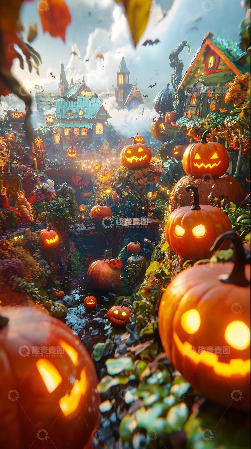 高清大图下载【趣麦麦图】万圣节南瓜灯村庄