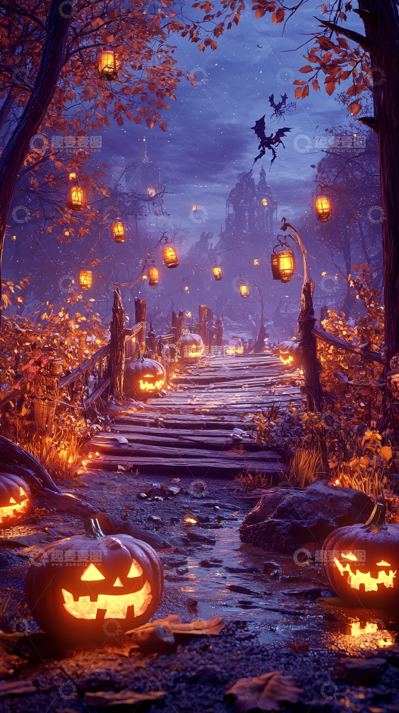 高清大图下载【趣麦麦图】万圣节夜晚森林小径