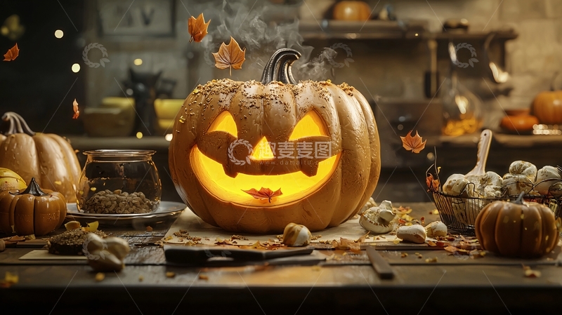 高清大图下载【趣麦麦图】万圣节南瓜灯与干花装饰