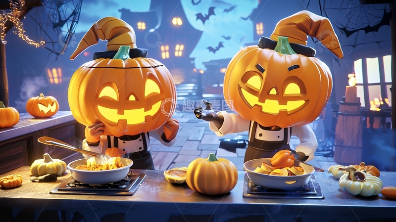 高清大图下载【趣麦麦图】万圣节南瓜灯烹饪场景