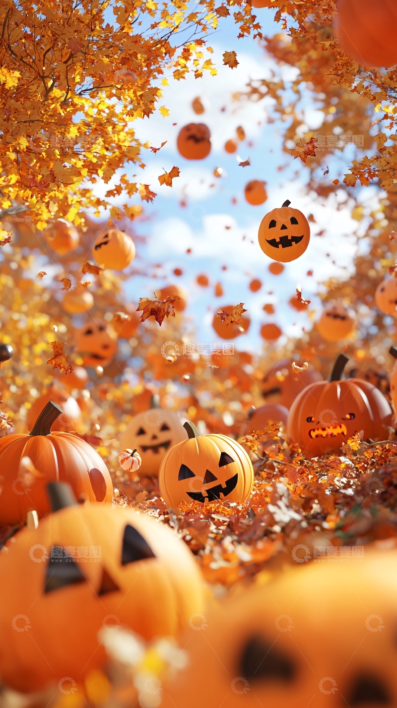 高清大图下载【趣麦麦图】万圣节南瓜与落叶背景
