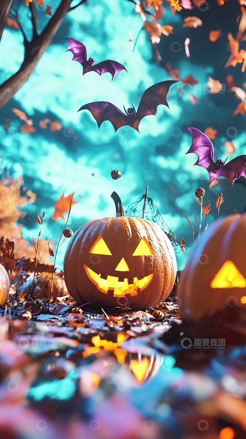 高清大图下载【趣麦麦图】万圣节南瓜与蝙蝠的夜景