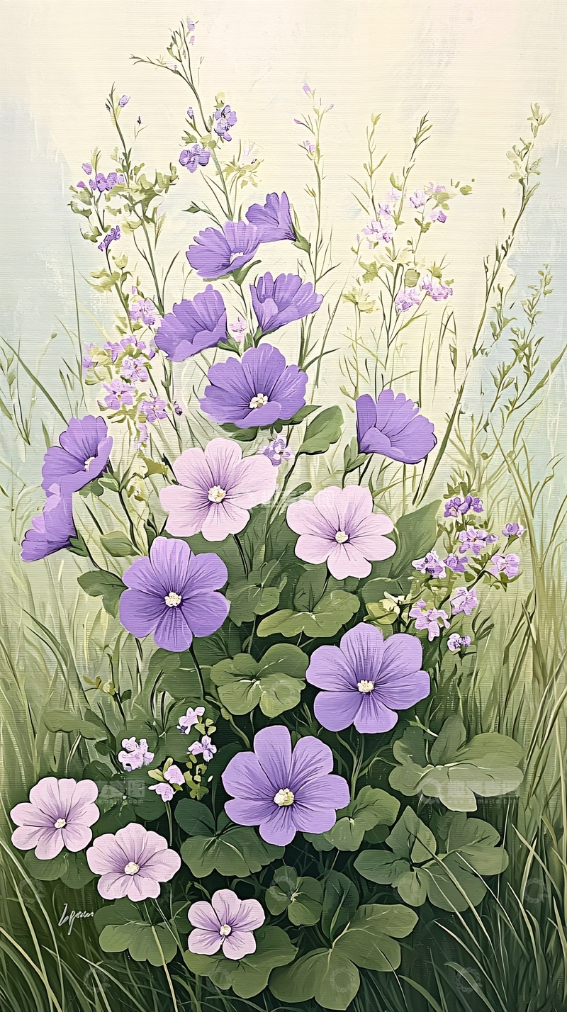 高清大图下载【趣麦麦图】紫色花朵与绿色植物的艺术画