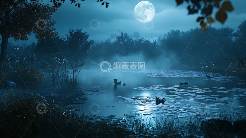 高清大图下载【趣麦麦图】月光下的宁静湖景