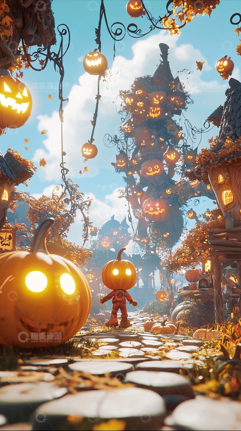 高清大图下载【趣麦麦图】万圣节南瓜灯村庄场景