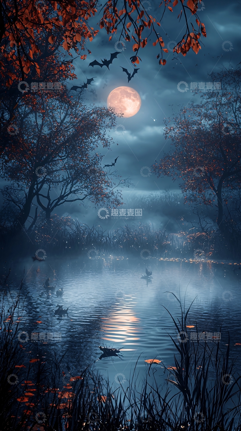 高清大图下载【趣麦麦图】秋夜月光下的神秘湖景