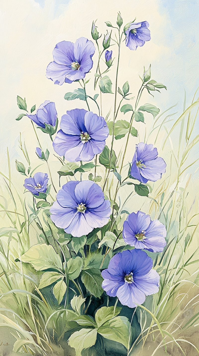 高清大图下载【趣麦麦图】蓝色花朵与绿色植物插画