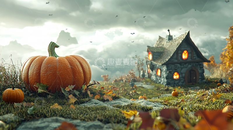 高清大图下载【趣麦麦图】秋日南瓜与石屋