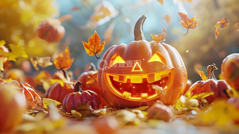 高清大图下载【趣麦麦图】万圣节南瓜灯与落叶
