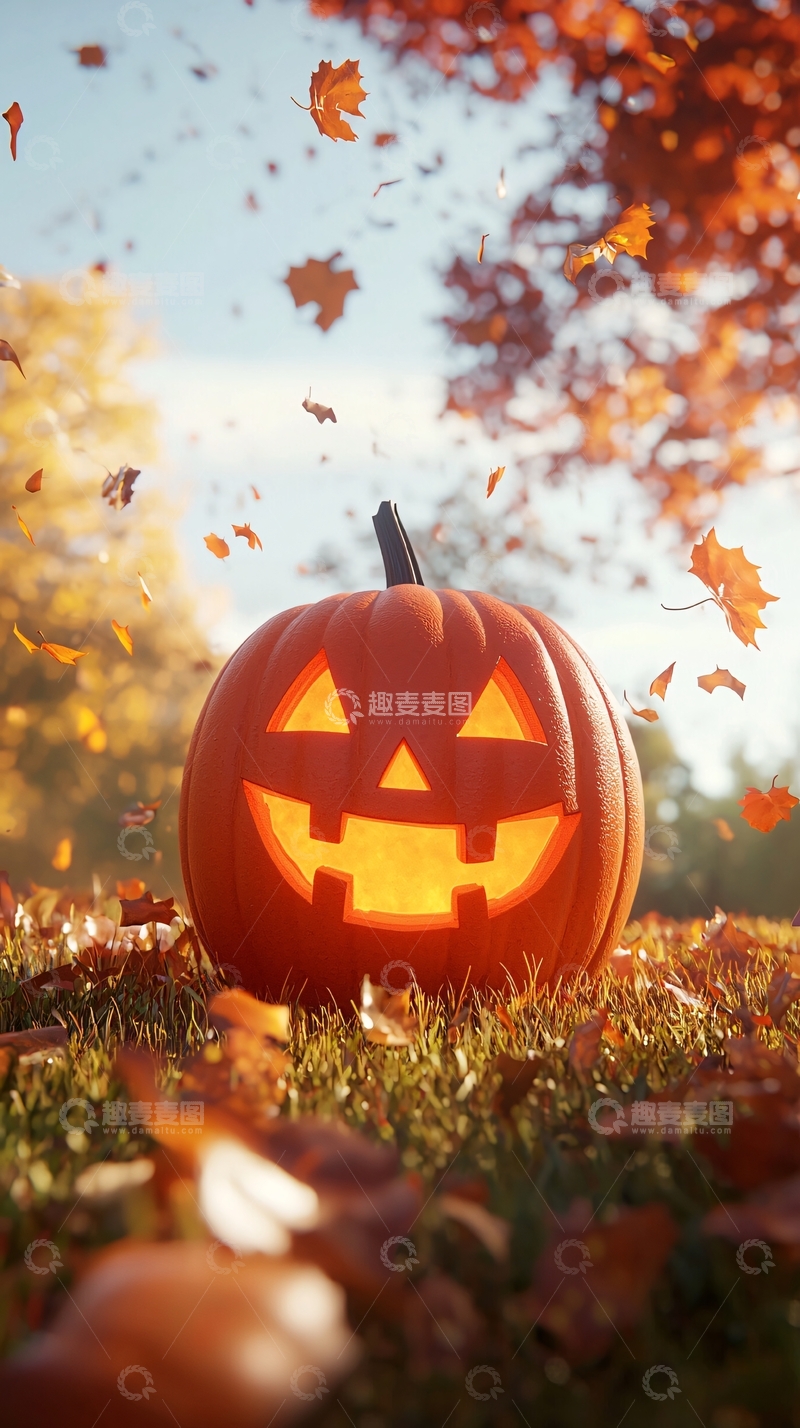 高清大图下载【趣麦麦图】秋日南瓜灯与落叶