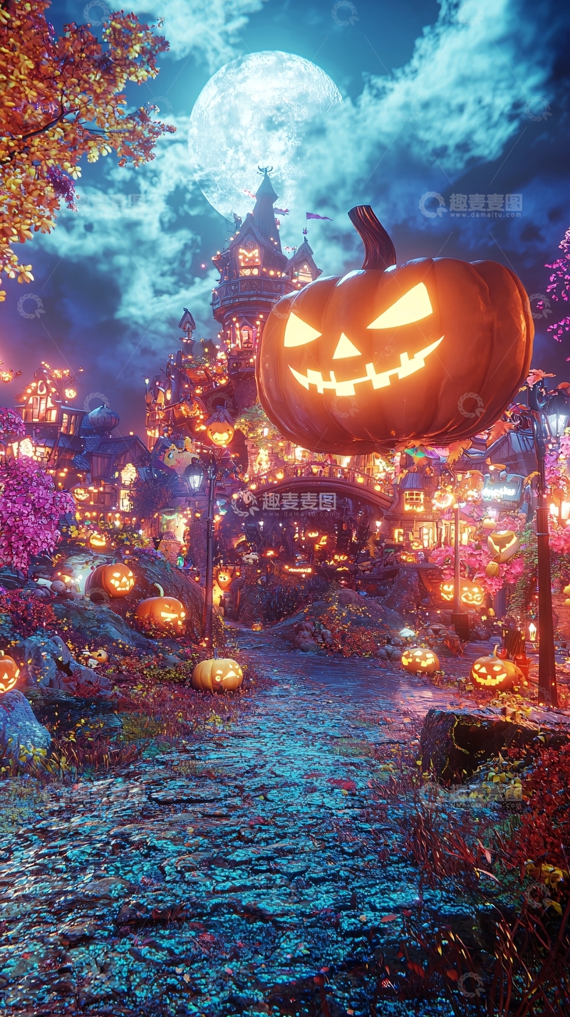 高清大图下载【趣麦麦图】万圣节南瓜灯小镇夜景