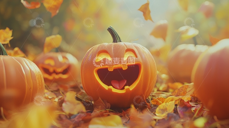 高清大图下载【趣麦麦图】万圣节南瓜灯与落叶