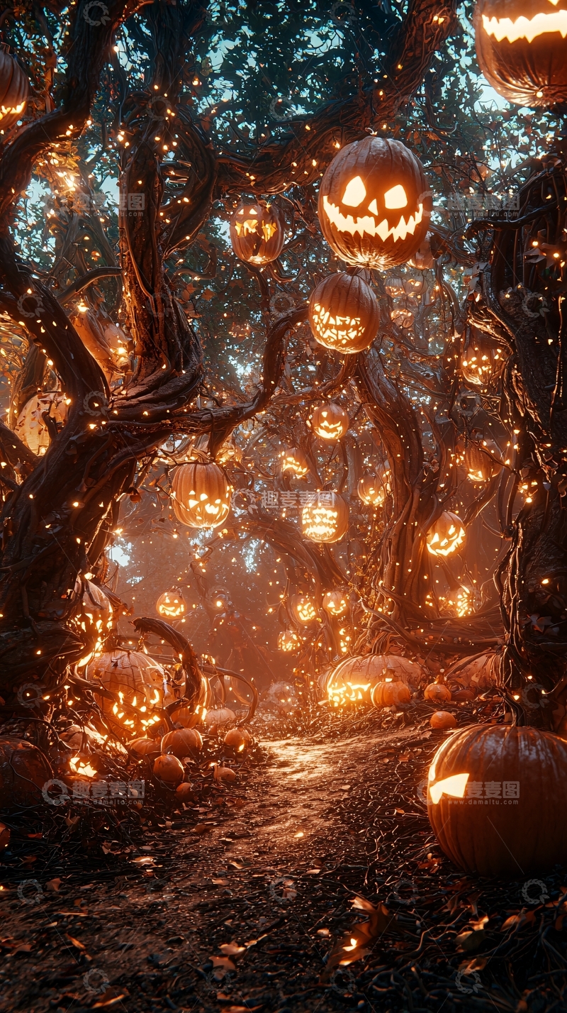 高清大图下载【趣麦麦图】万圣节南瓜灯森林夜景