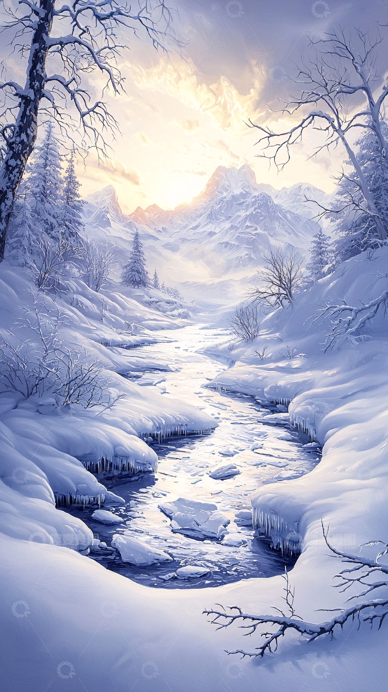 高清大图下载【趣麦麦图】冬日雪山溪流风景